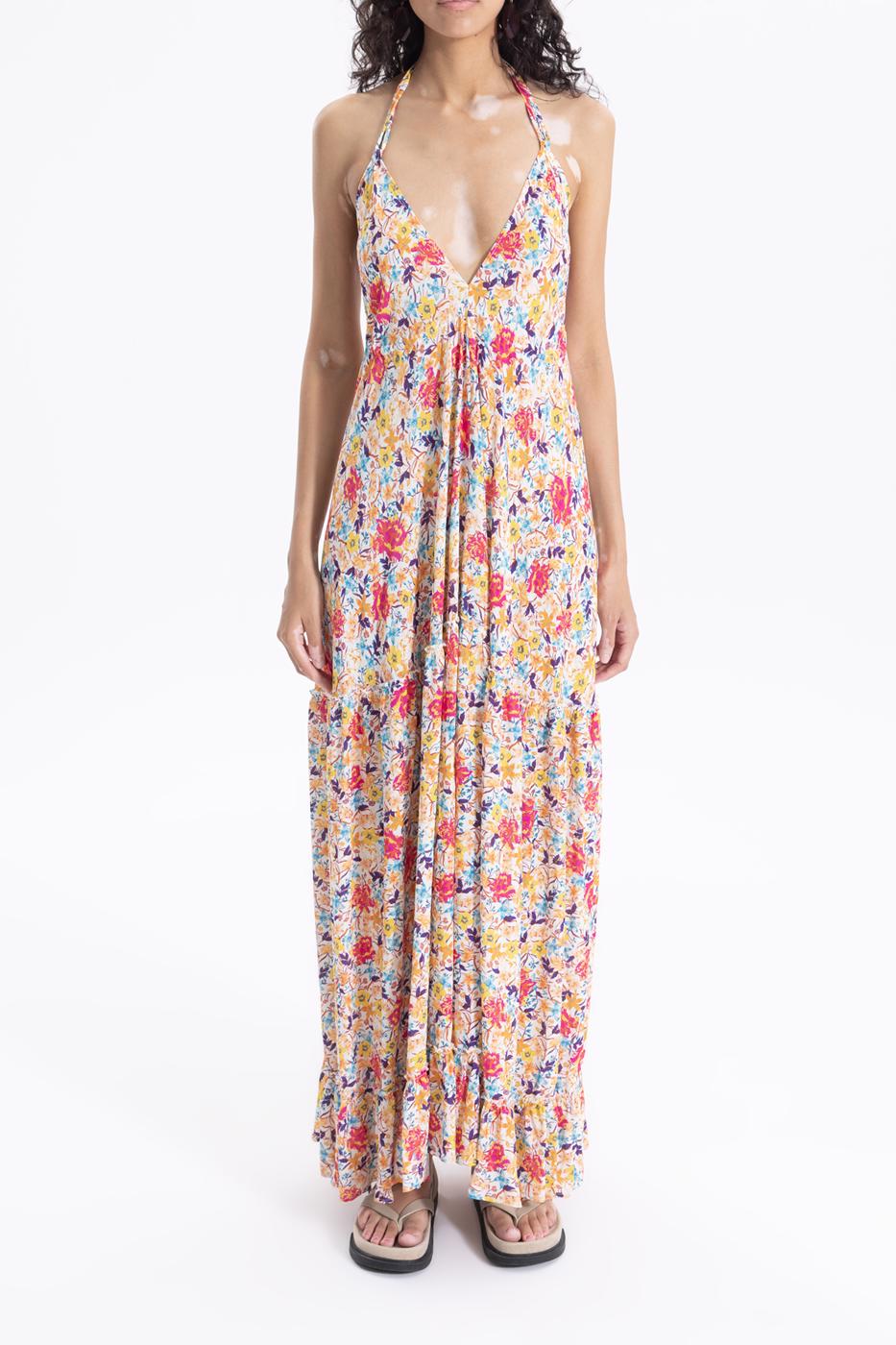 Bayan Multı Sırt Dekolteli Askılı Maksi Elbise