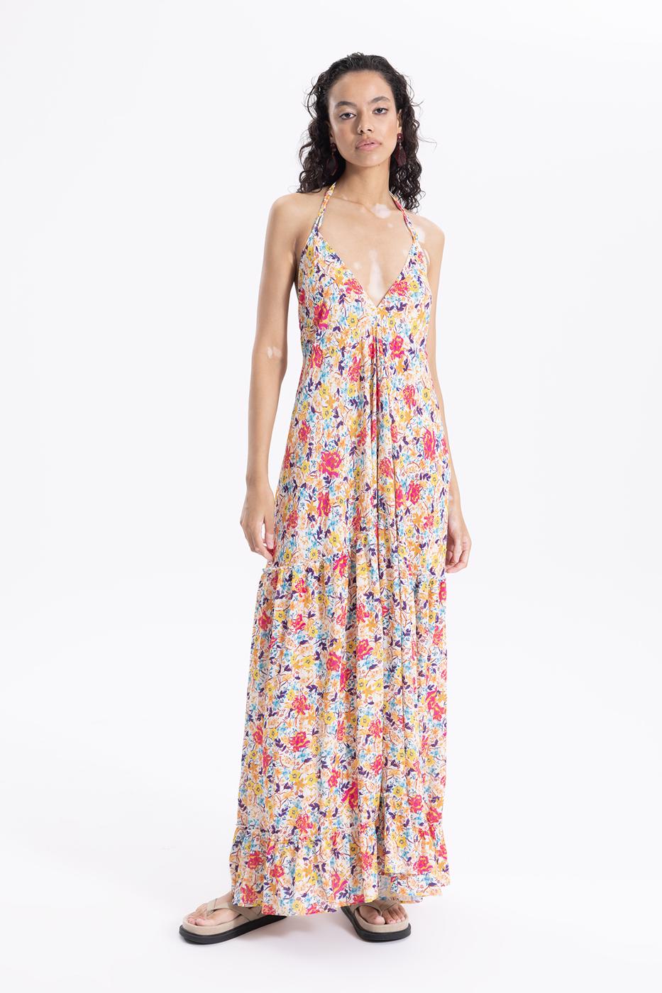 Bayan Multı Sırt Dekolteli Askılı Maksi Elbise