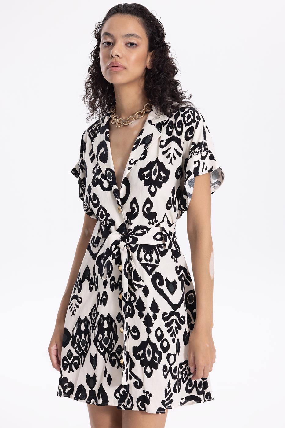 Bayan Siyah Desenli Keten Karışımlı Mini Gömlek Elbise