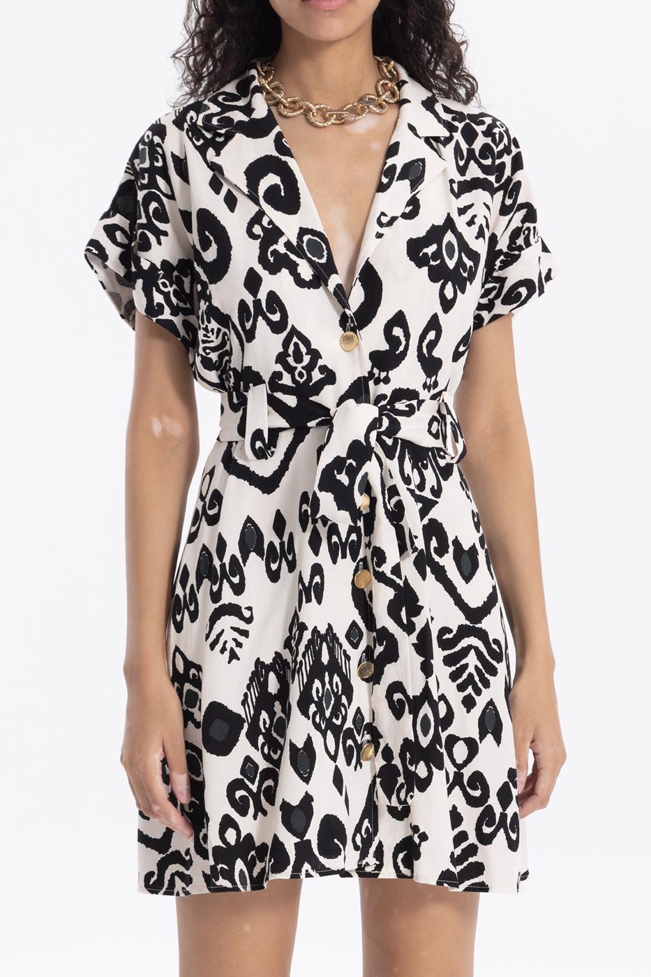 Bayan Siyah Desenli Keten Karışımlı Mini Gömlek Elbise
