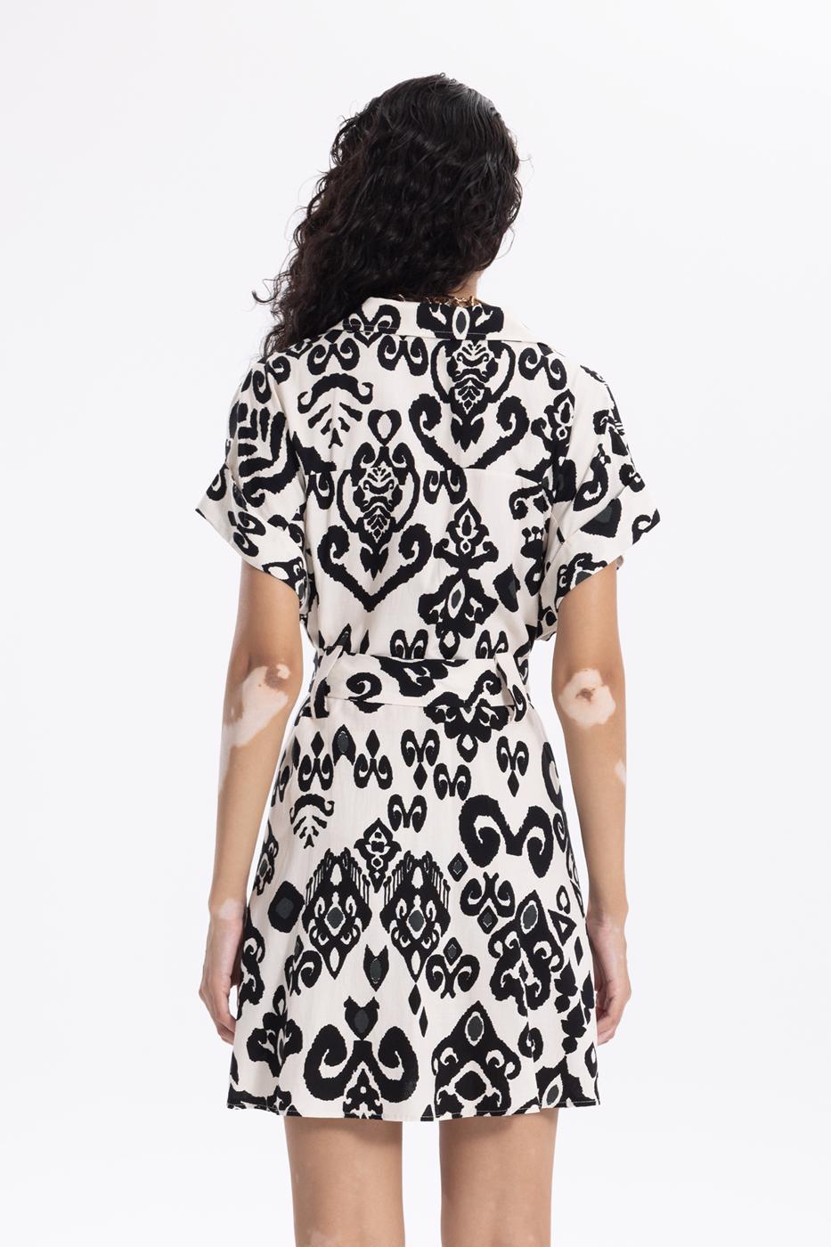 Bayan Siyah Desenli Keten Karışımlı Mini Gömlek Elbise