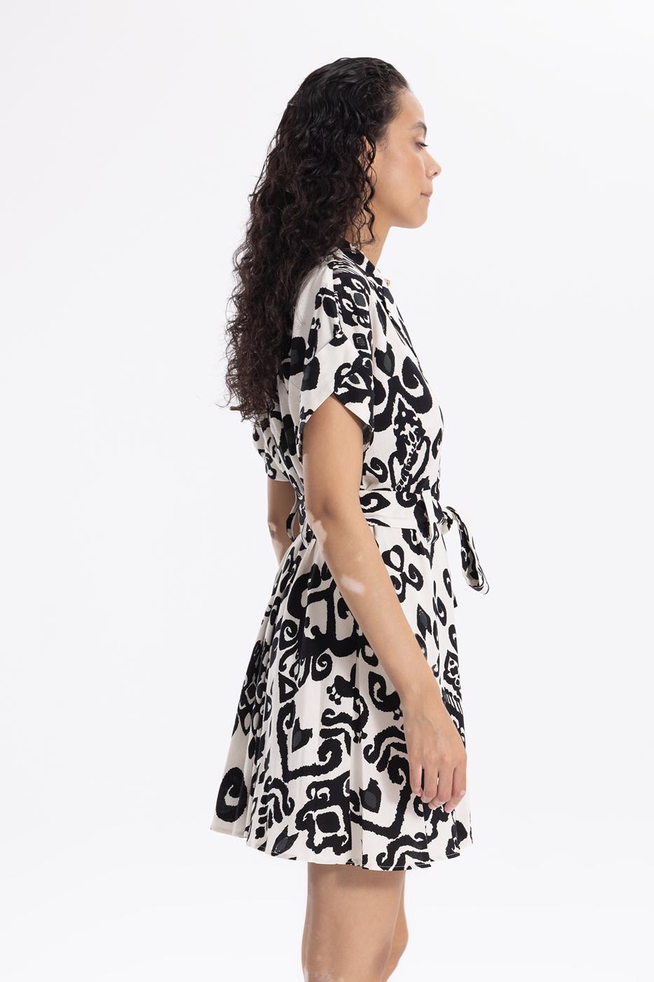 Bayan Siyah Desenli Keten Karışımlı Mini Gömlek Elbise