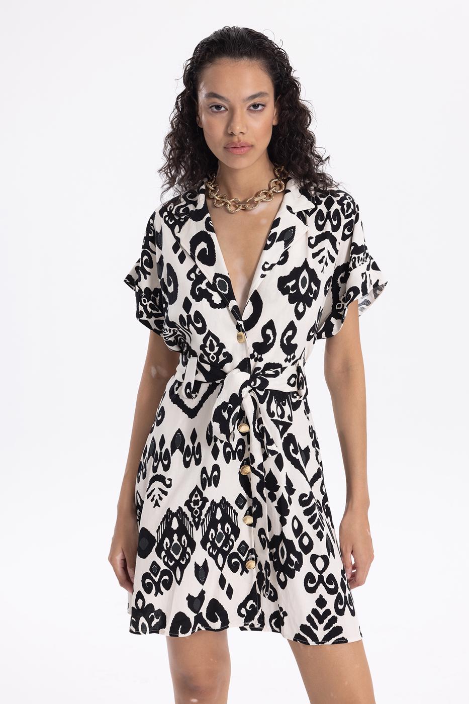 Bayan Siyah Desenli Keten Karışımlı Mini Gömlek Elbise