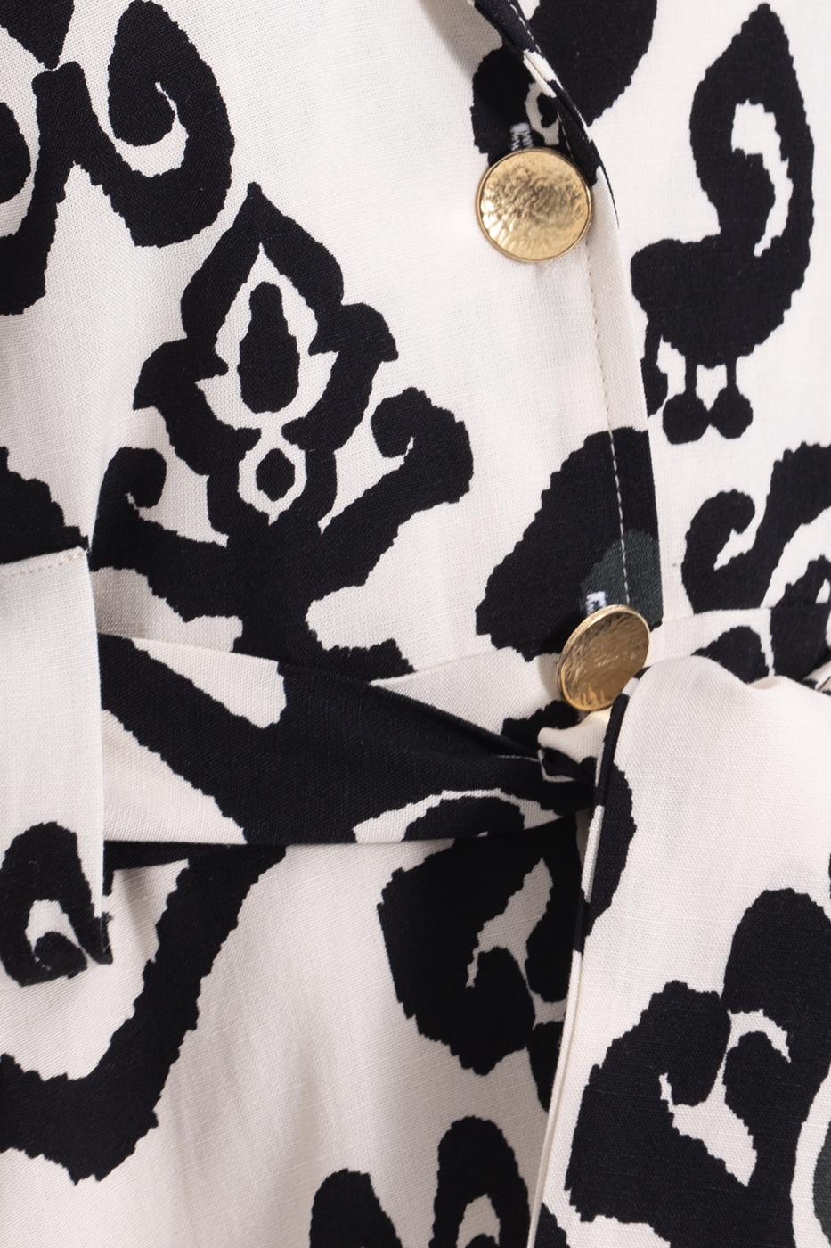 Bayan Siyah Desenli Keten Karışımlı Mini Gömlek Elbise