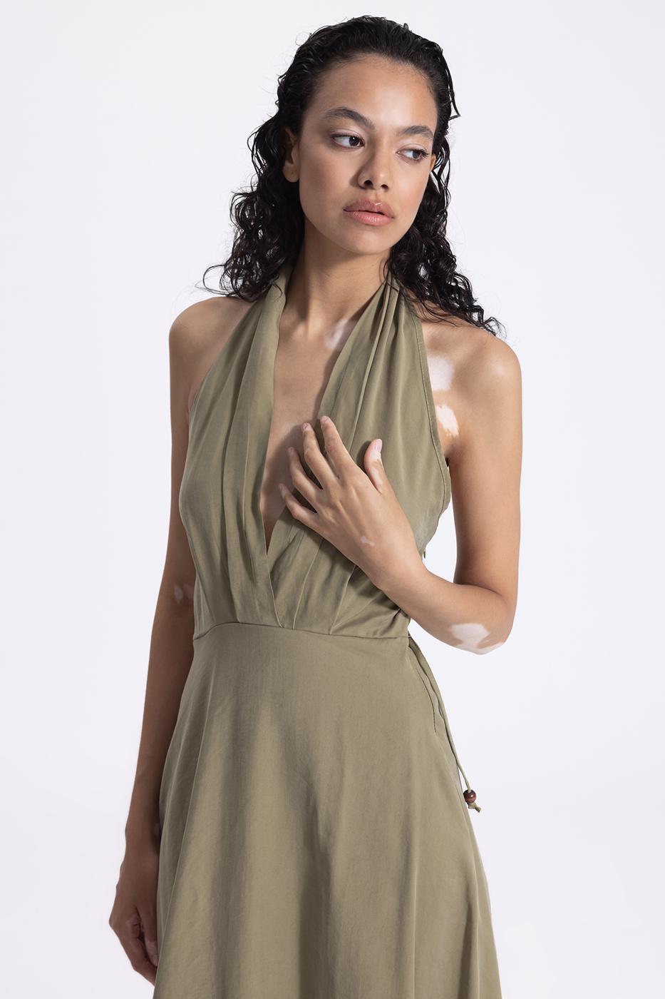 Bayan Haki Sırt Dekolteli Midi Elbise