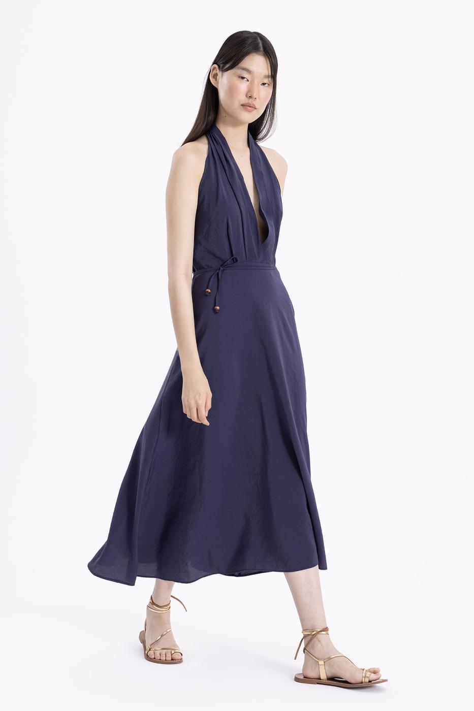 Bayan Lacivert Sırt Dekolteli Midi Elbise