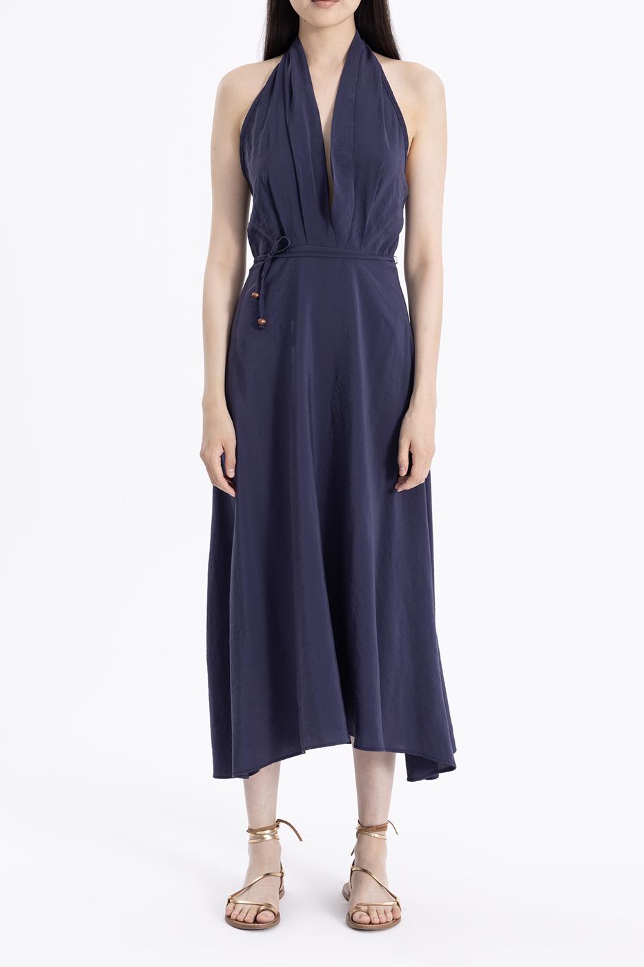 Bayan Lacivert Sırt Dekolteli Midi Elbise