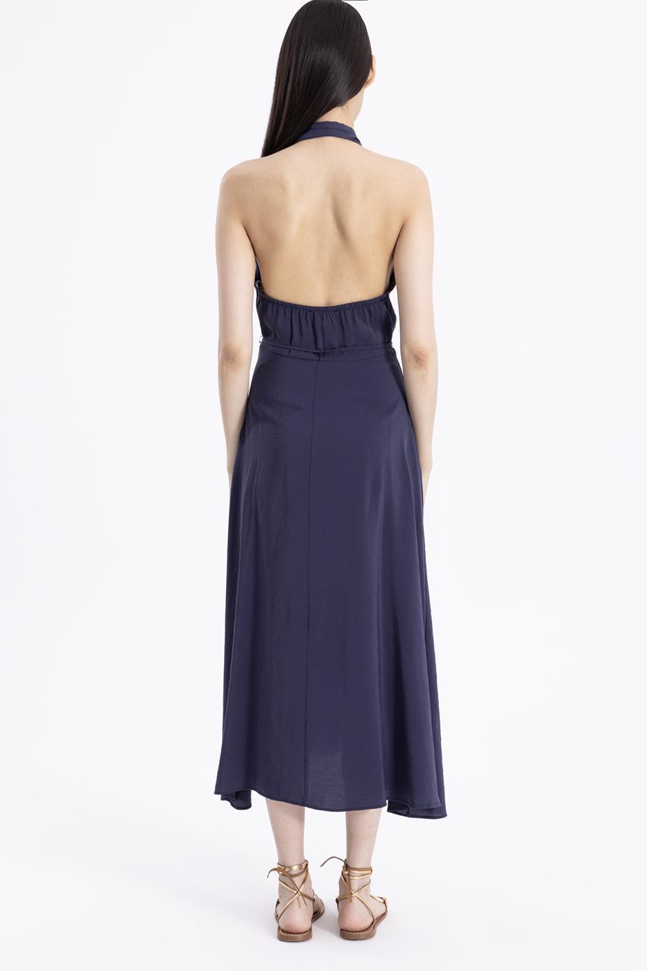 Bayan Lacivert Sırt Dekolteli Midi Elbise
