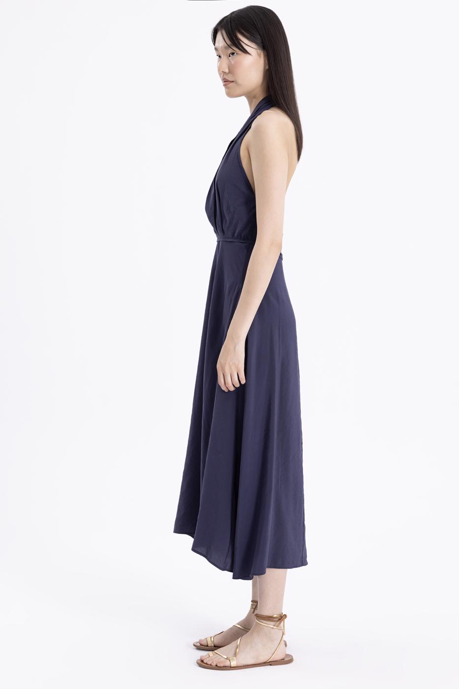 Bayan Lacivert Sırt Dekolteli Midi Elbise