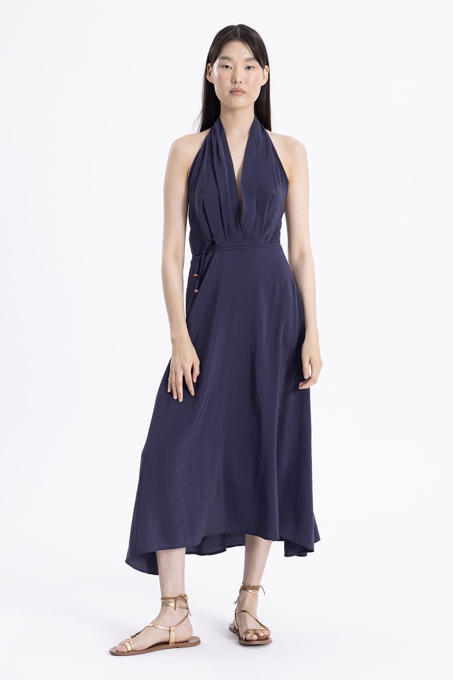 Bayan Lacivert Sırt Dekolteli Midi Elbise