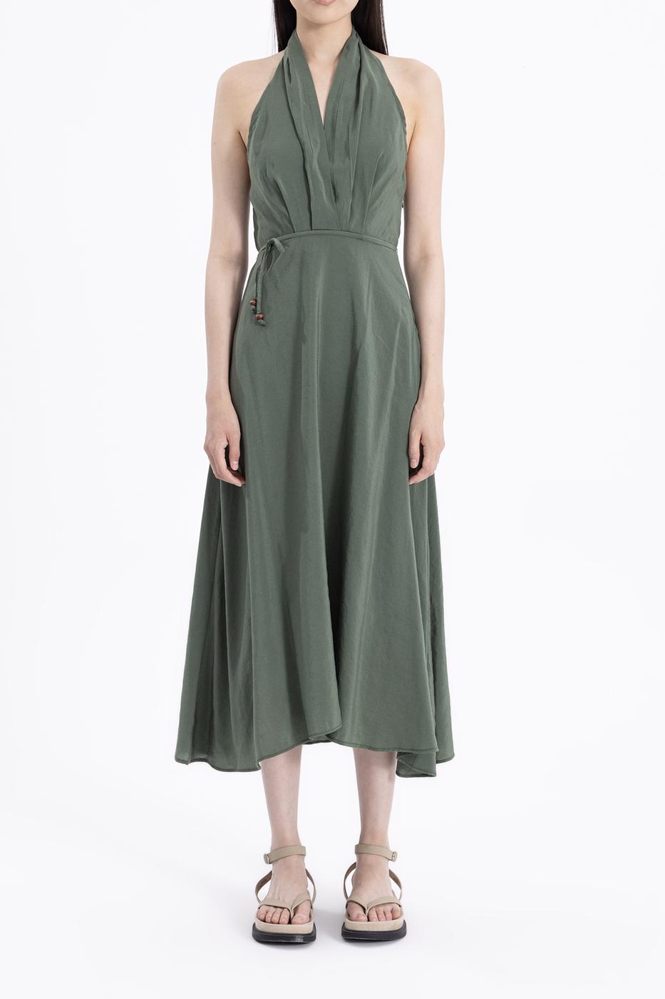 Bayan Yeşil Sırt Dekolteli Midi Elbise