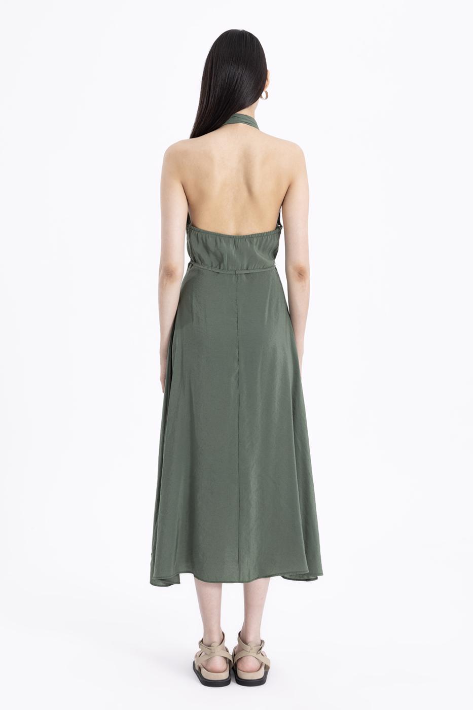 Bayan Yeşil Sırt Dekolteli Midi Elbise