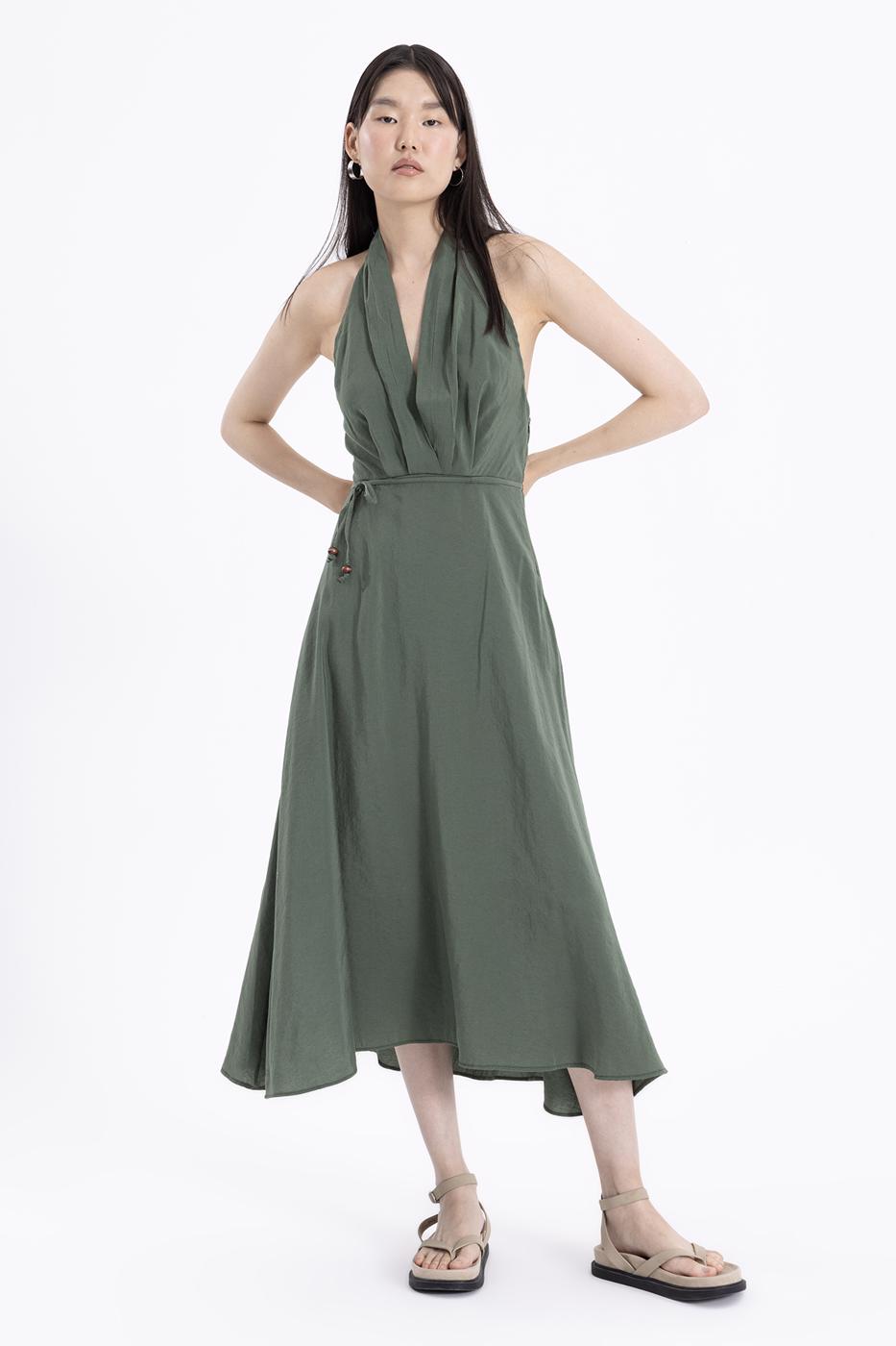 Bayan Yeşil Sırt Dekolteli Midi Elbise