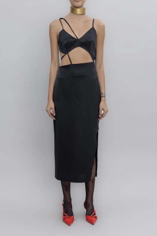 Bayan Siyah Askılı Saten Midi Elbise - BSL