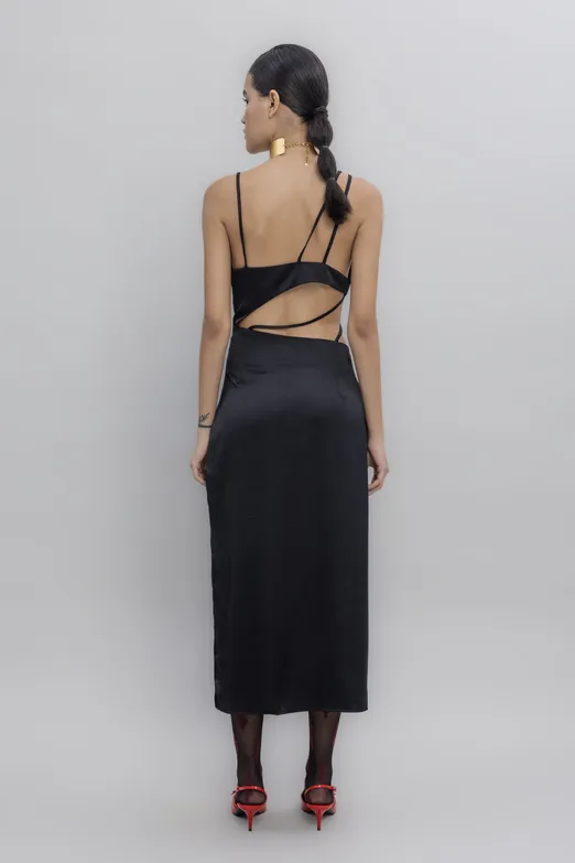Bayan Siyah Askılı Saten Midi Elbise - BSL
