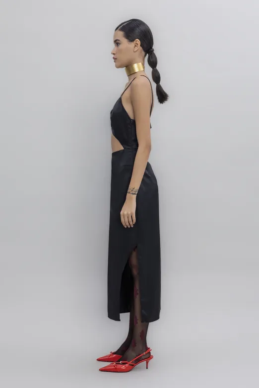 Bayan Siyah Askılı Saten Midi Elbise - BSL