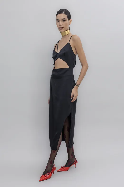 Bayan Siyah Askılı Saten Midi Elbise - BSL