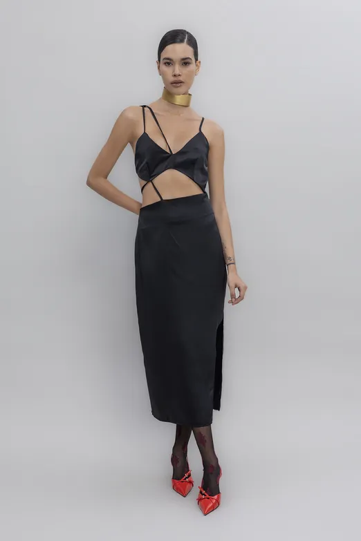 Bayan Siyah Askılı Saten Midi Elbise - BSL