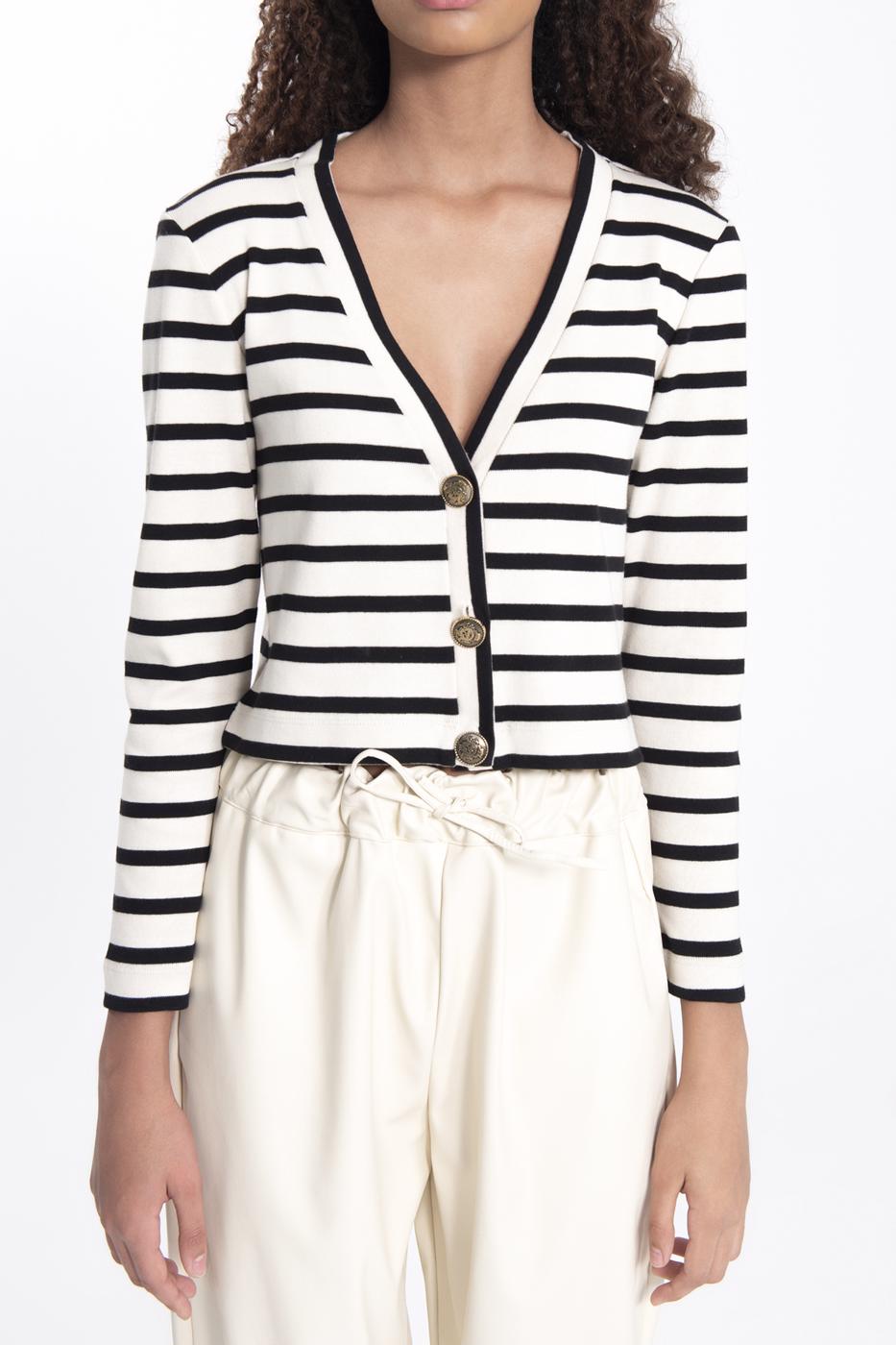 Bayan Ekru Düğmeli Çizgili Hırka