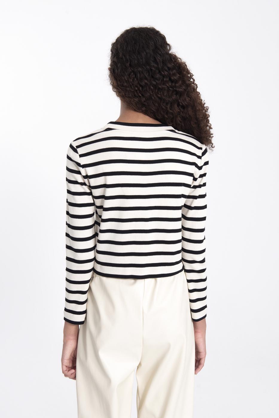 Bayan Ekru Düğmeli Çizgili Hırka