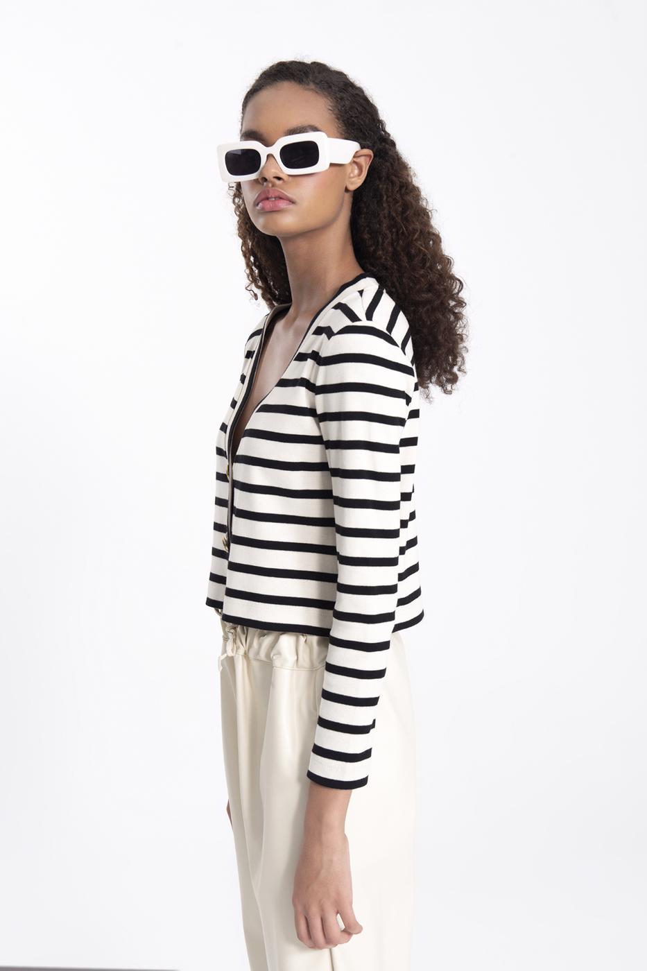 Bayan Ekru Düğmeli Çizgili Hırka