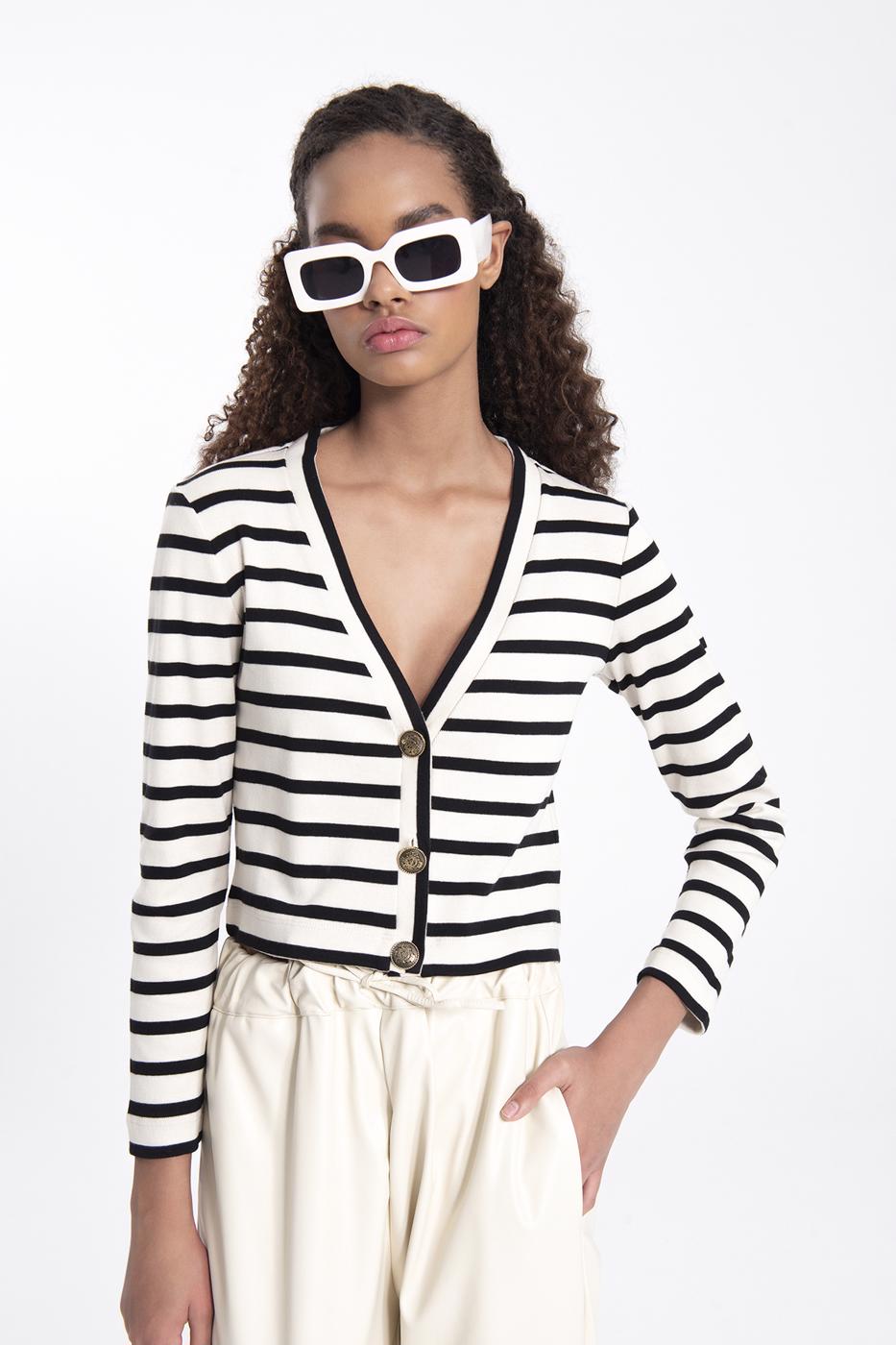 Bayan Ekru Düğmeli Çizgili Hırka