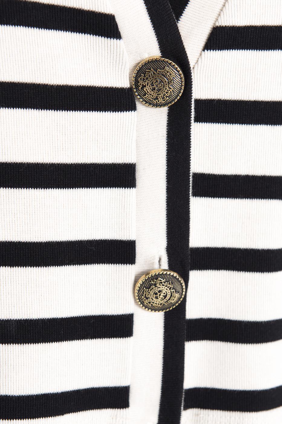 Bayan Ekru Düğmeli Çizgili Hırka