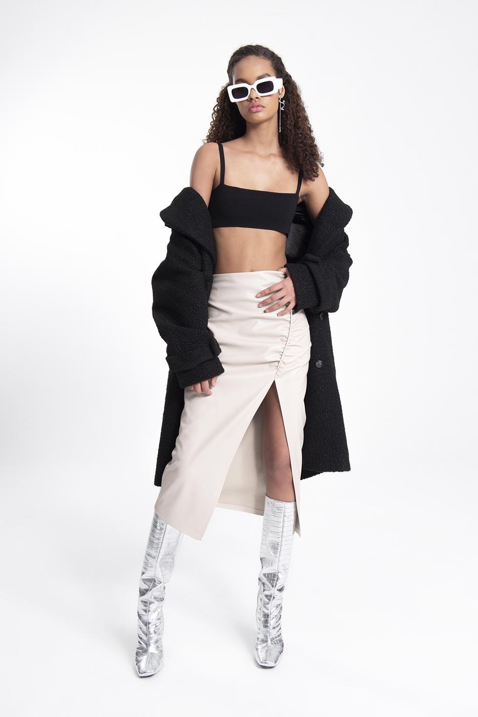 Bayan Taş Drapeli Yıtmaçlı Suni Deri Midi Etek