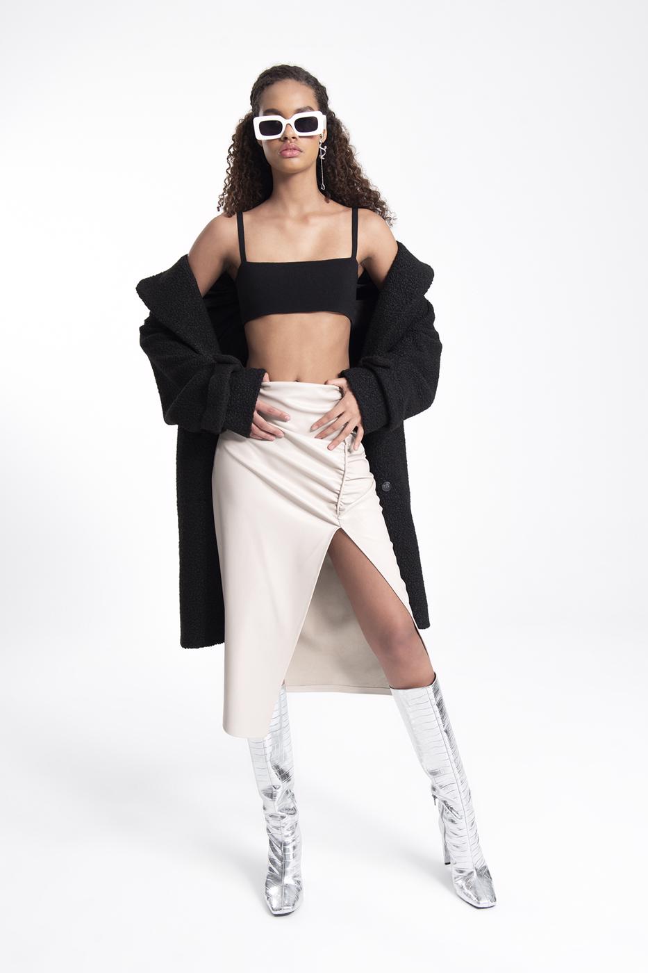 Bayan Taş Drapeli Yıtmaçlı Suni Deri Midi Etek