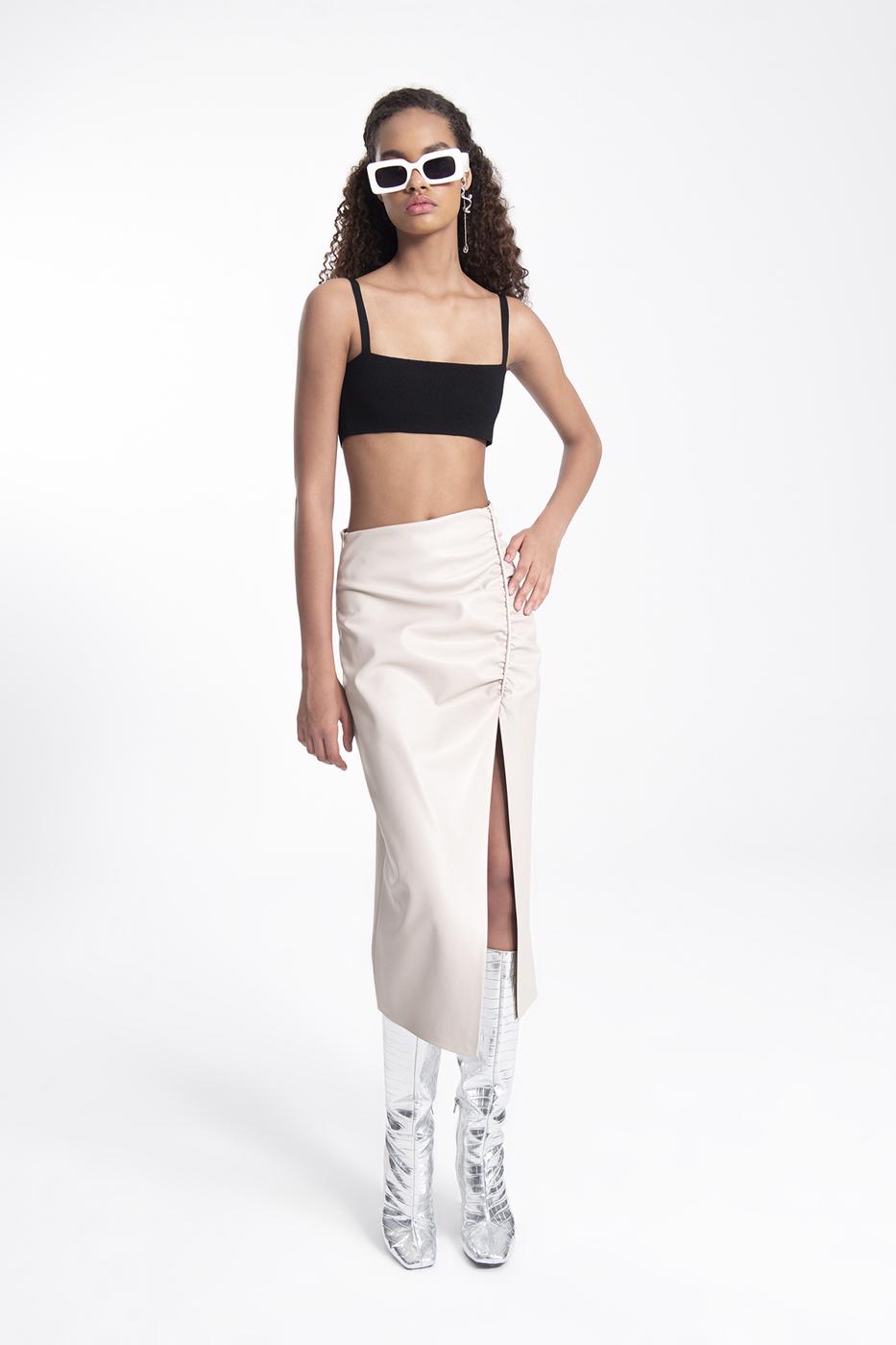 Bayan Taş Drapeli Yıtmaçlı Suni Deri Midi Etek