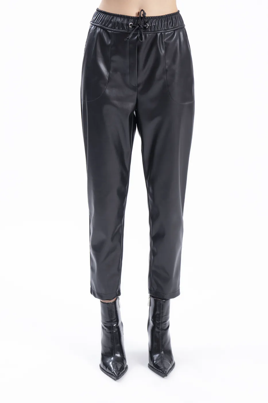 Bayan Siyah Beli  Lastikli Düz Kesim Suni Deri Pantolon