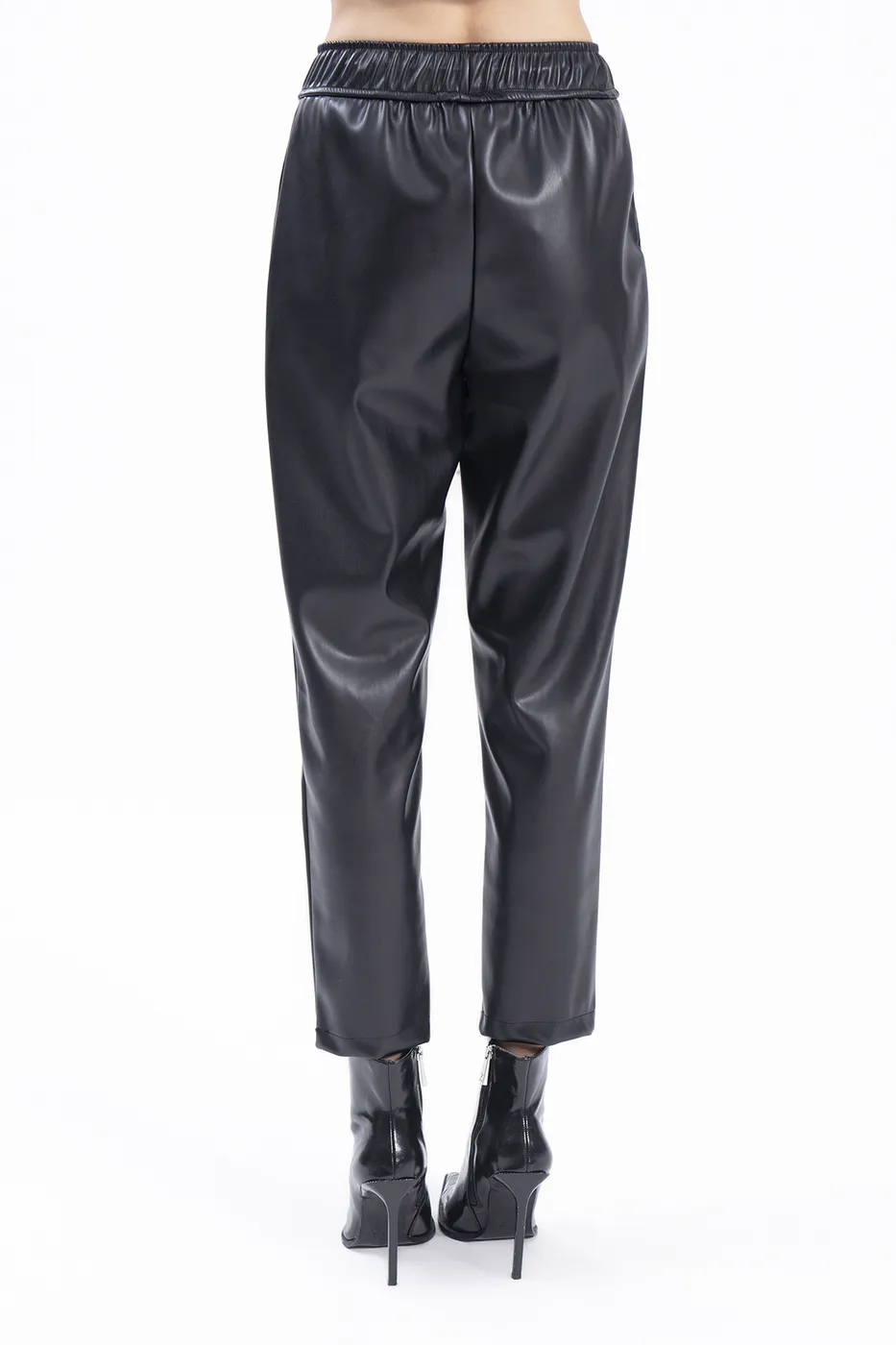 Bayan Siyah Beli  Lastikli Düz Kesim Suni Deri Pantolon