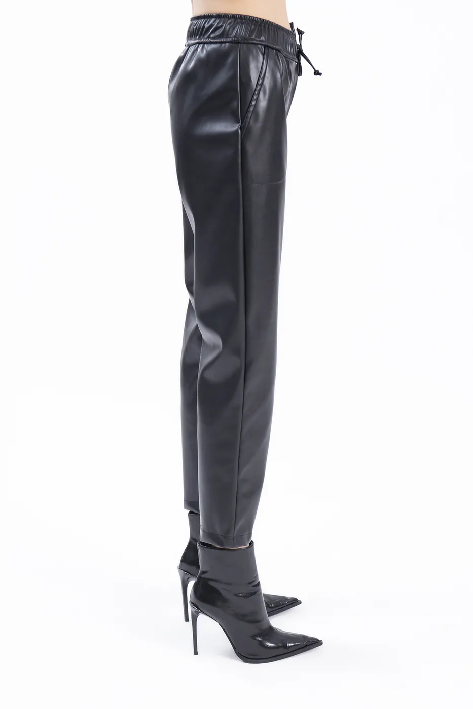 Bayan Siyah Beli  Lastikli Düz Kesim Suni Deri Pantolon