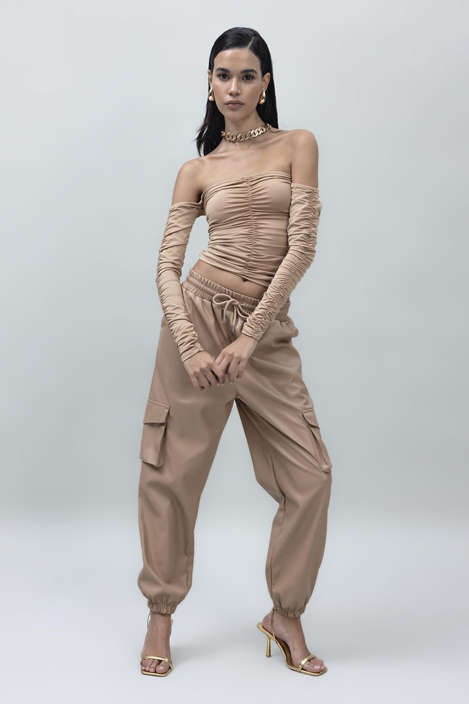 Bayan Camel Kargo Jogging Suni Deri Pantolon