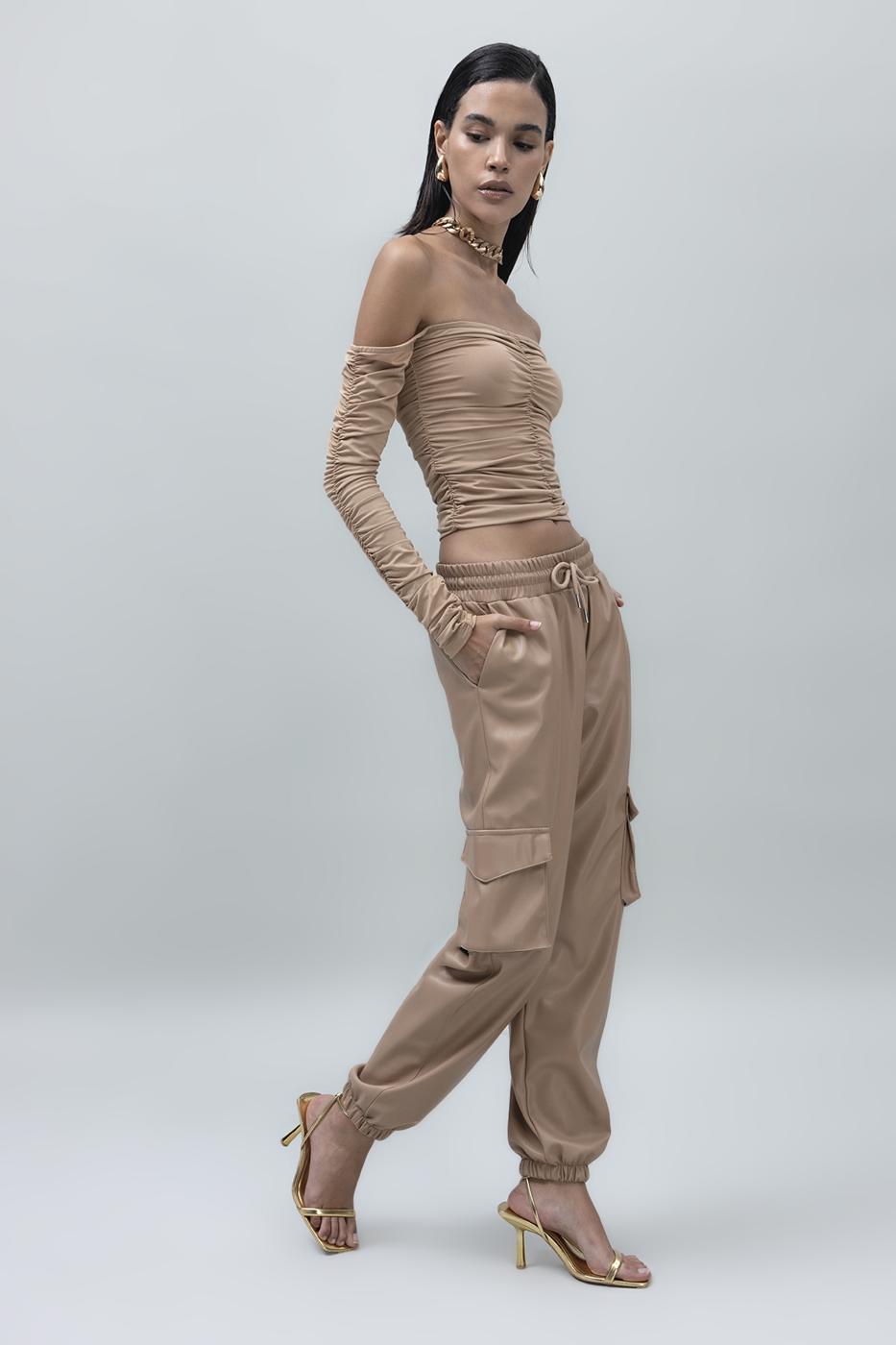 Bayan Camel Kargo Jogging Suni Deri Pantolon