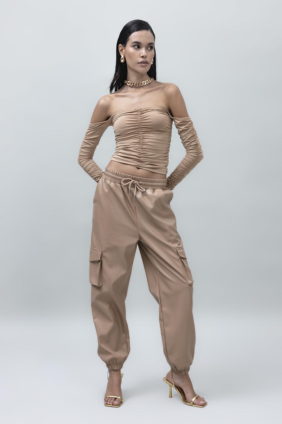 Bayan Camel Kargo Jogging Suni Deri Pantolon