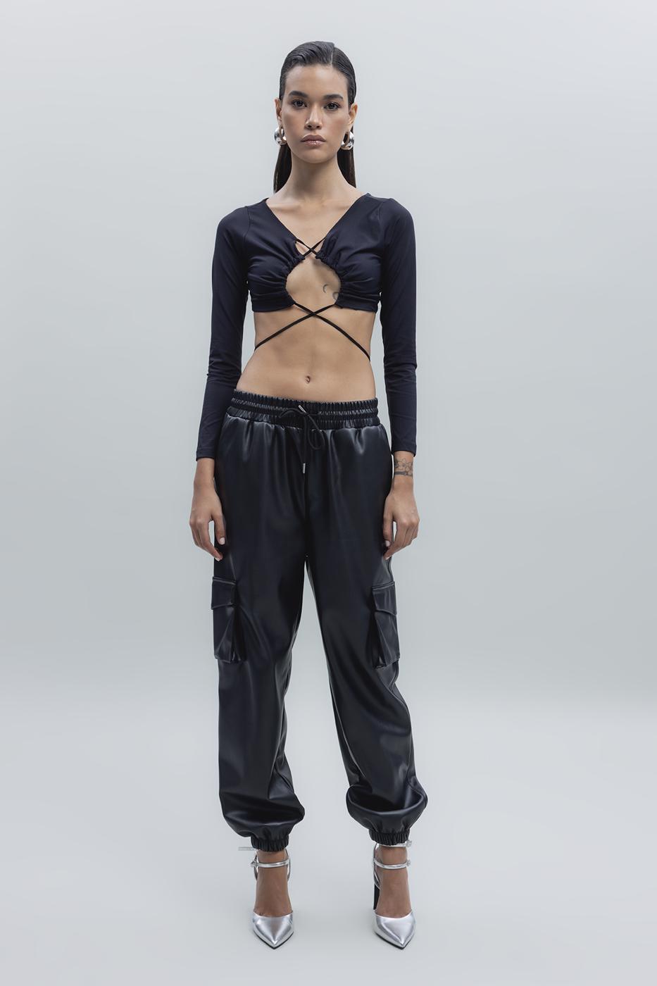 Bayan Siyah Kargo Jogging Suni Deri Pantolon