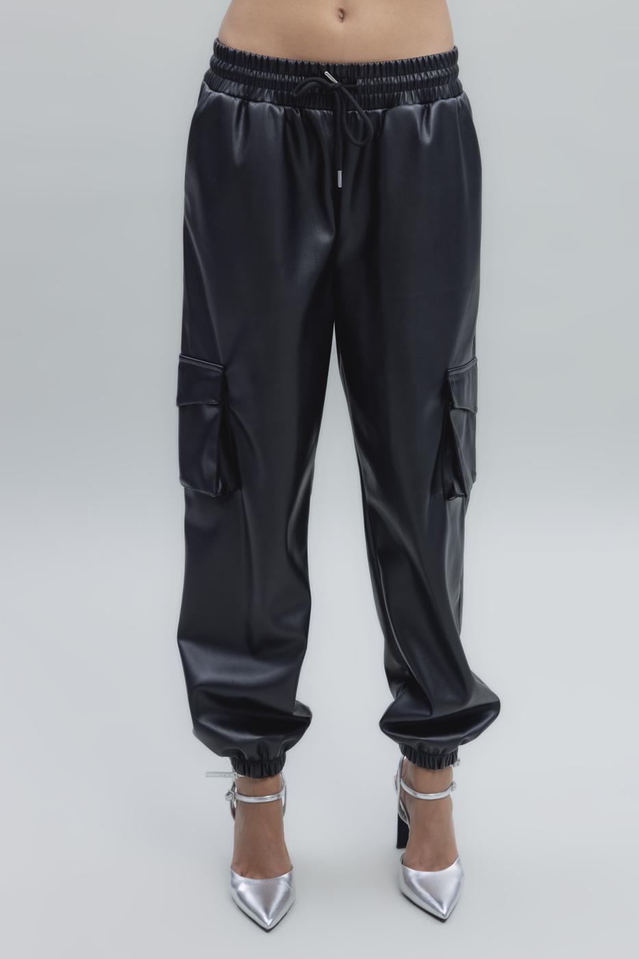 Bayan Siyah Kargo Jogging Suni Deri Pantolon
