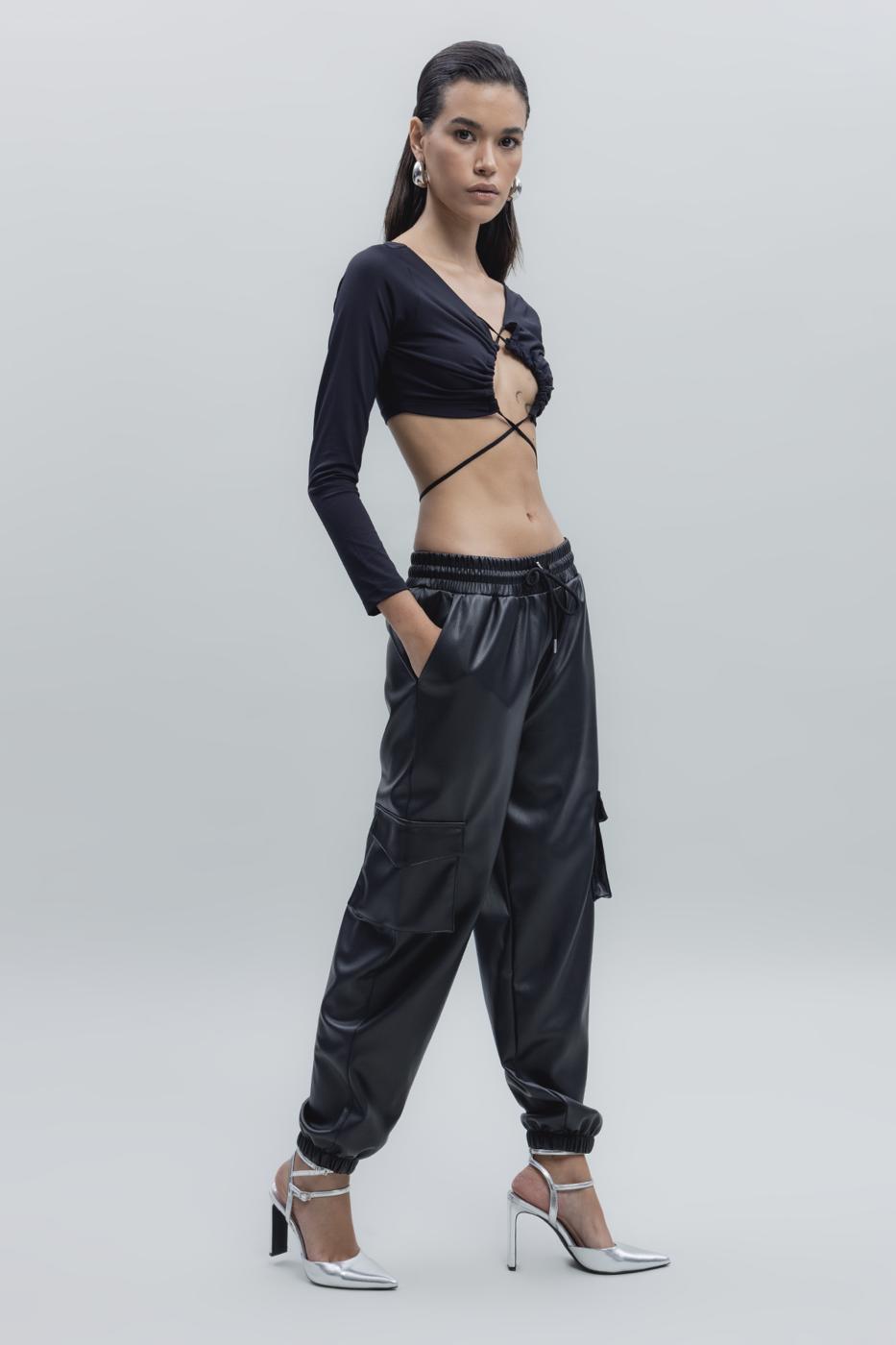 Bayan Siyah Kargo Jogging Suni Deri Pantolon