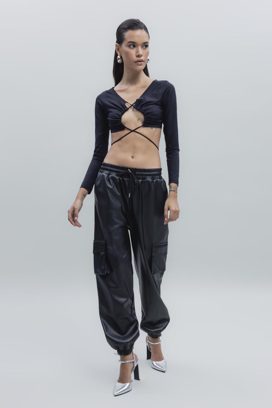 Bayan Siyah Kargo Jogging Suni Deri Pantolon