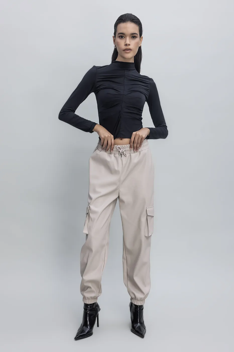 Bayan Taş Kargo Jogging Suni Deri Pantolon