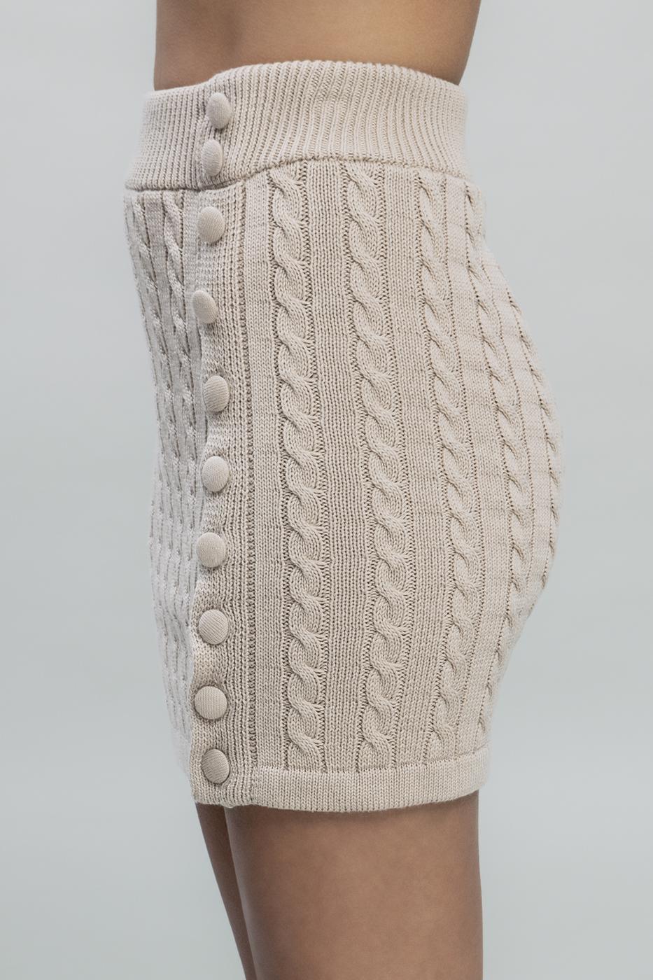 Bayan Bej Saç Örgülü Düğmeli Triko Mini Etek