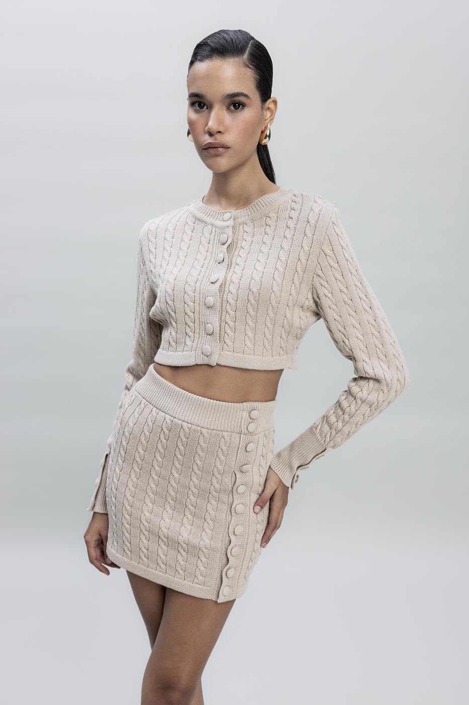 Bayan Bej Saç Örgülü Düğmeli Triko Mini Etek