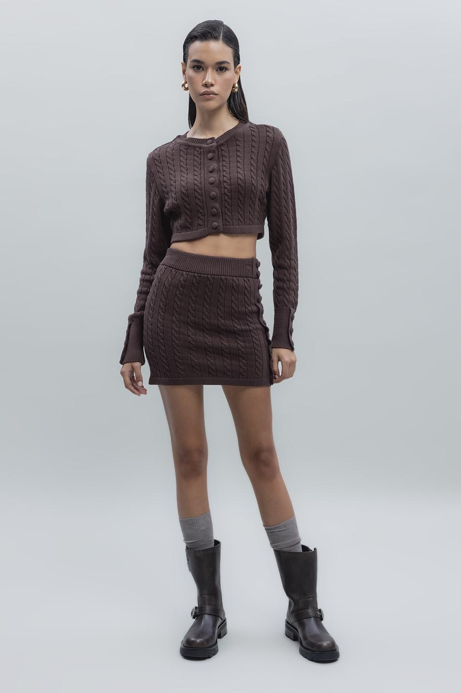 Bayan Kahverengi Saç Örgülü Düğmeli Triko Mini Etek