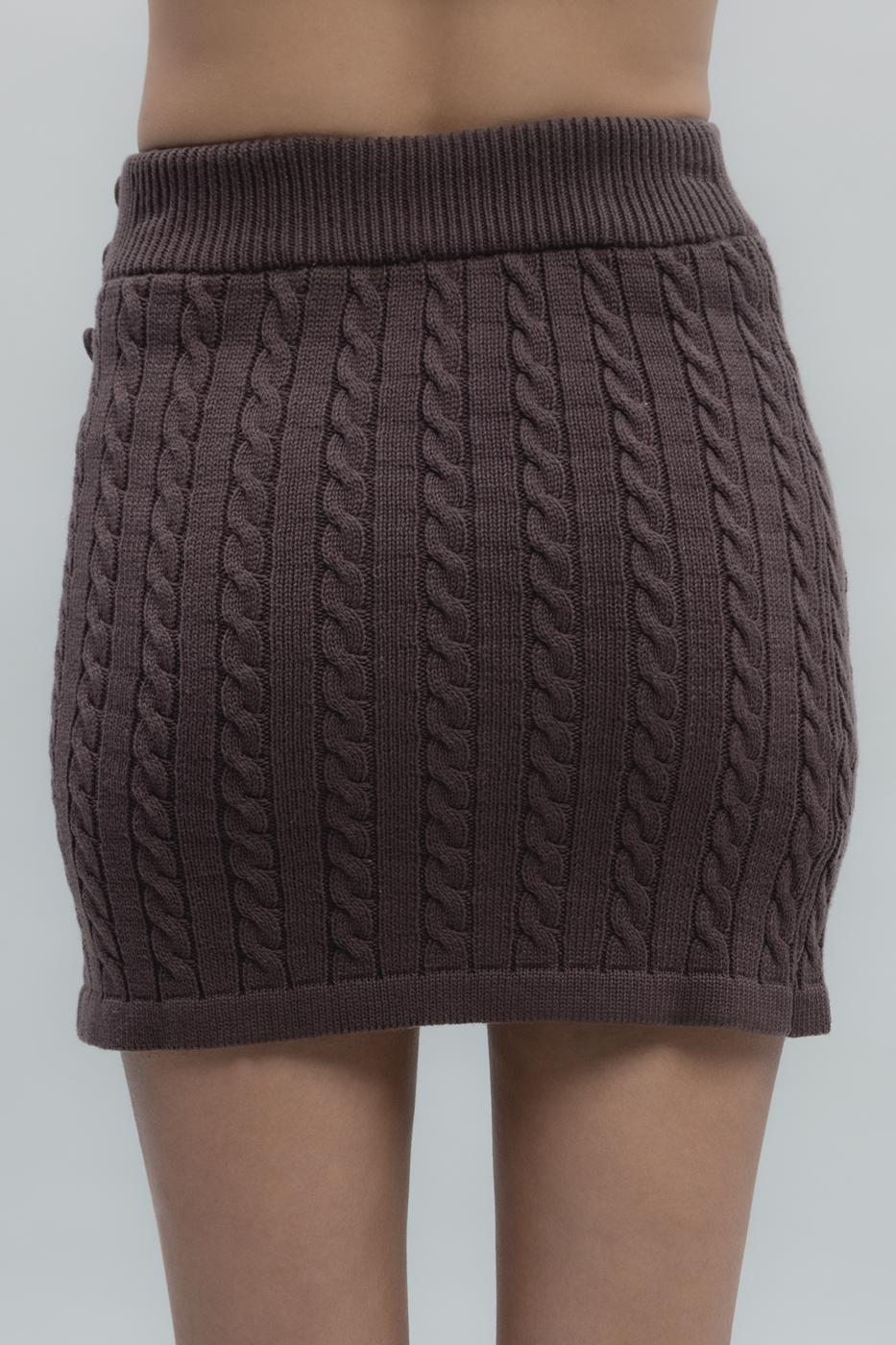 Bayan Kahverengi Saç Örgülü Düğmeli Triko Mini Etek