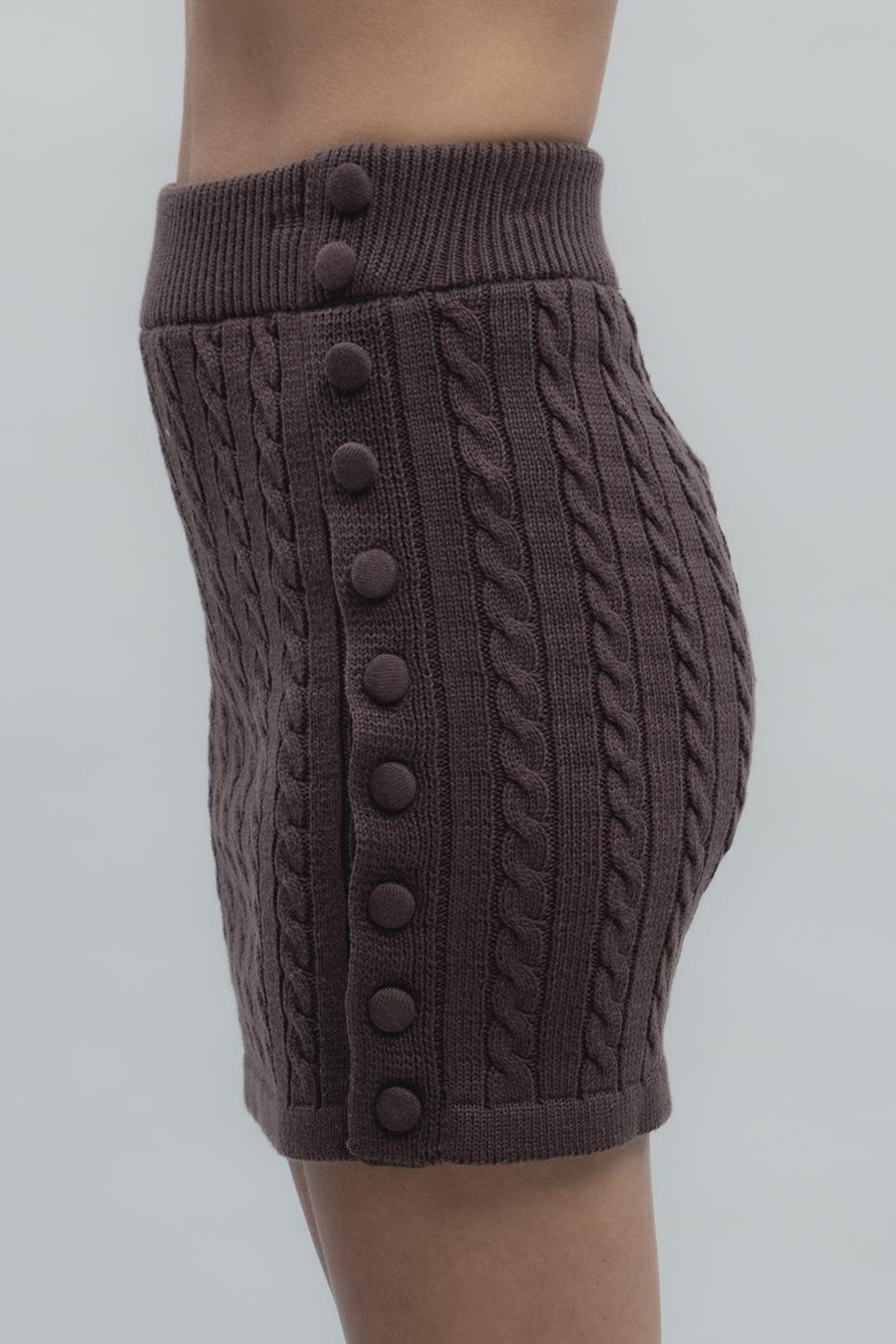 Bayan Kahverengi Saç Örgülü Düğmeli Triko Mini Etek