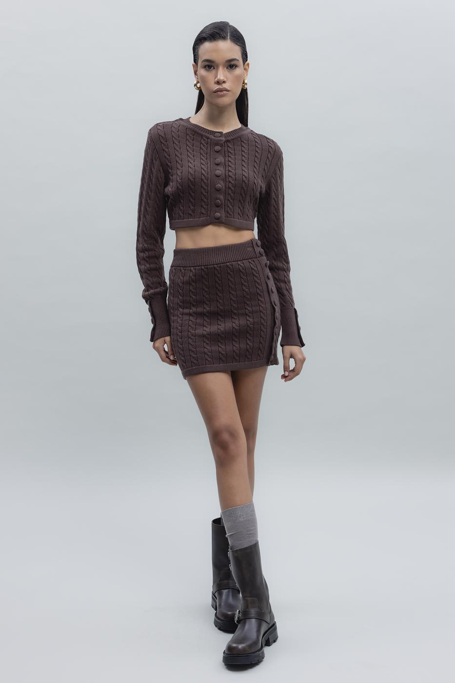 Bayan Kahverengi Saç Örgülü Düğmeli Triko Mini Etek
