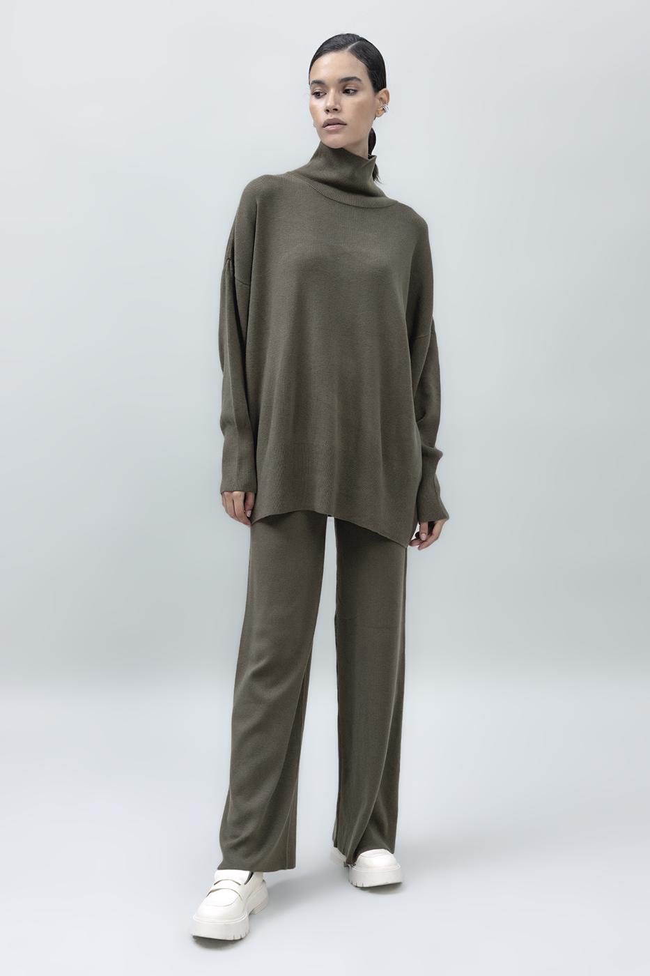 Bayan Haki Bol Paça Triko Pantolon