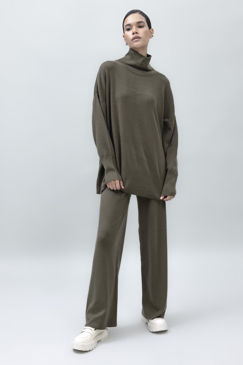 Bayan Haki Bol Paça Triko Pantolon