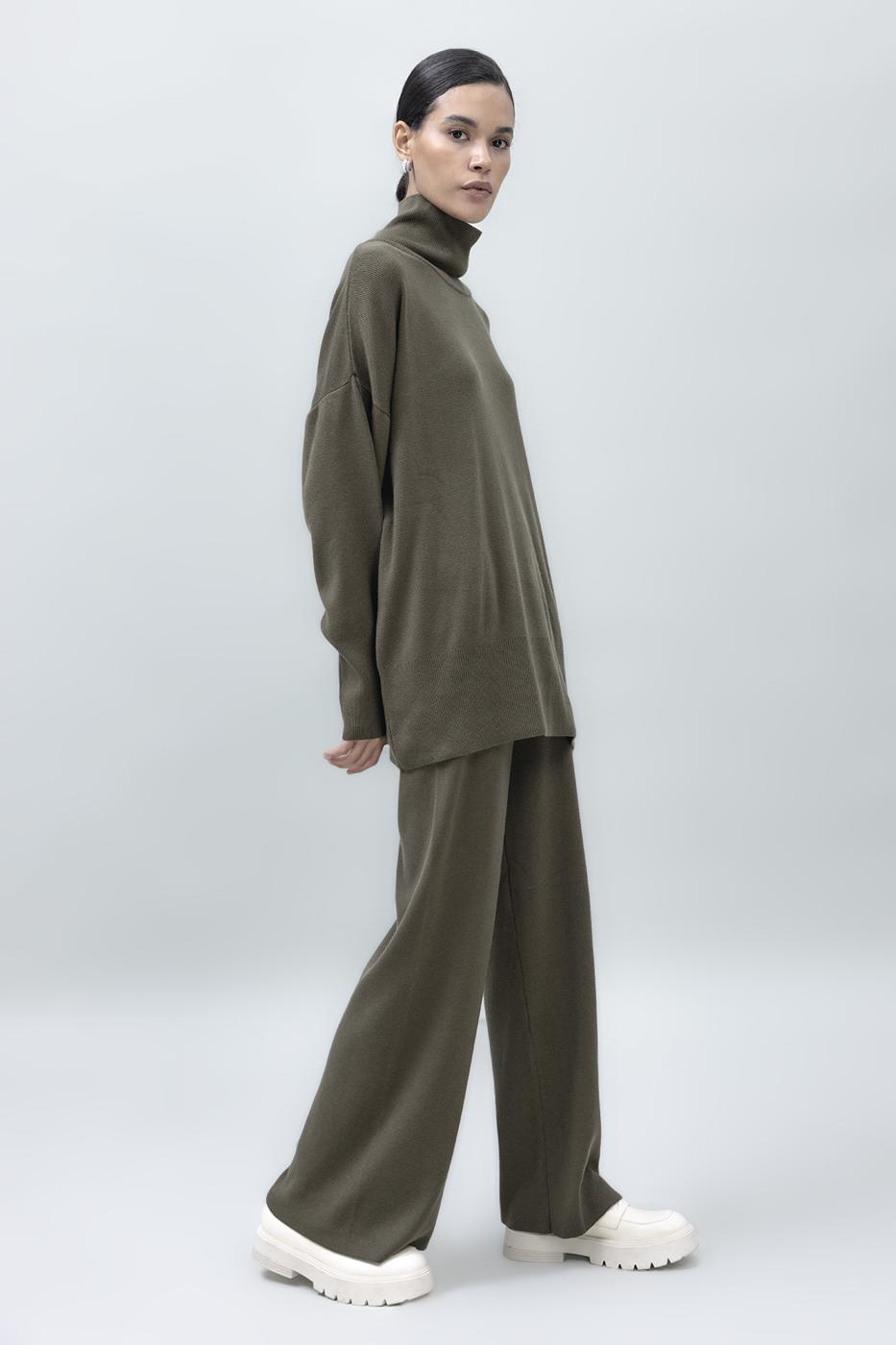 Bayan Haki Bol Paça Triko Pantolon